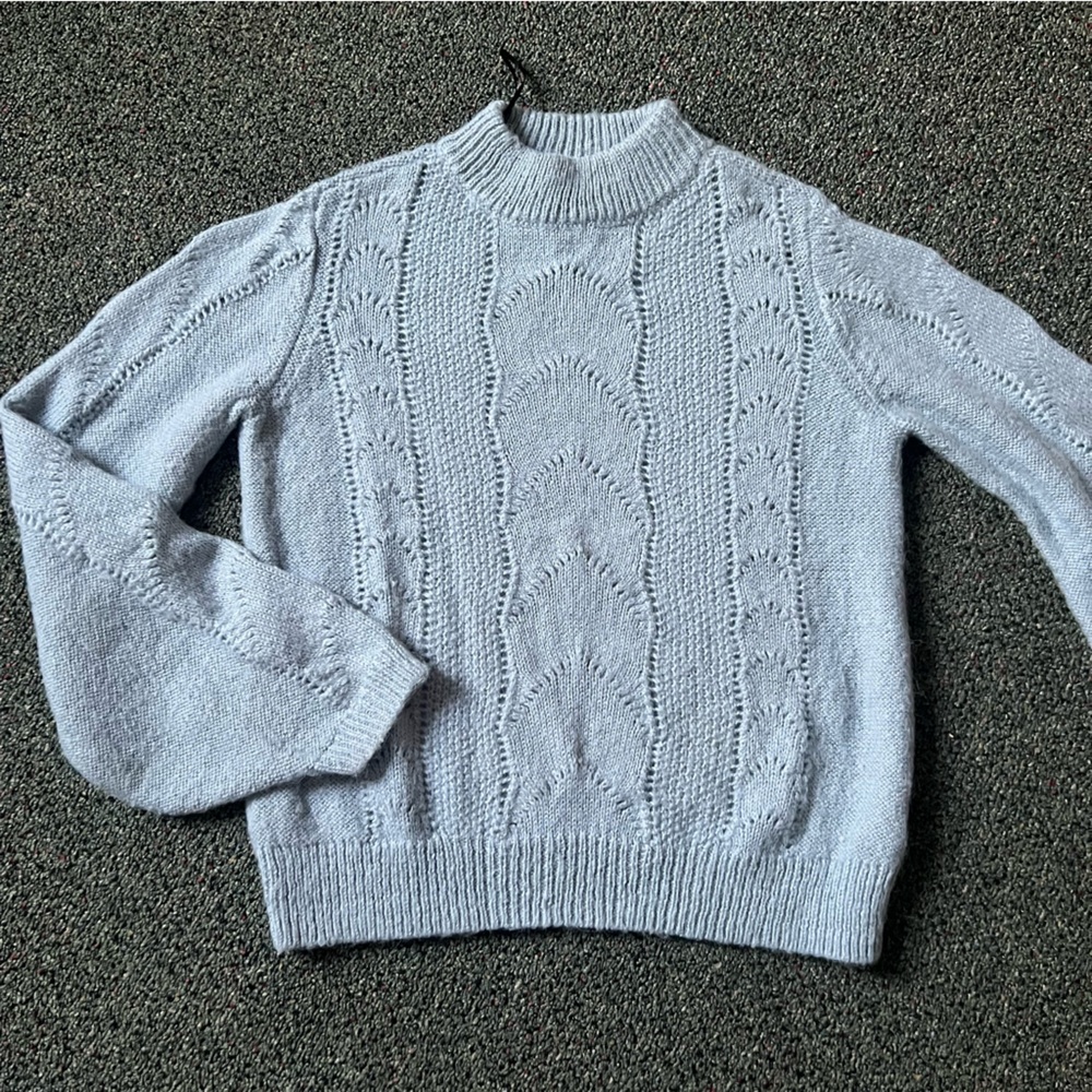 H&M Baby Blue Pastel Mockneck Baggy Sleeve Hole Knit Acrylic Mohair Wool Sweater